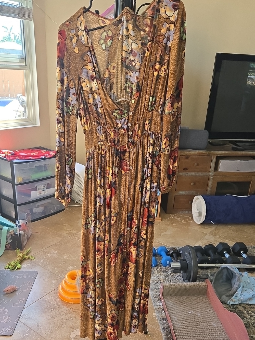 Anthropologie Mustard Floral V-Neck Maxi Dress S